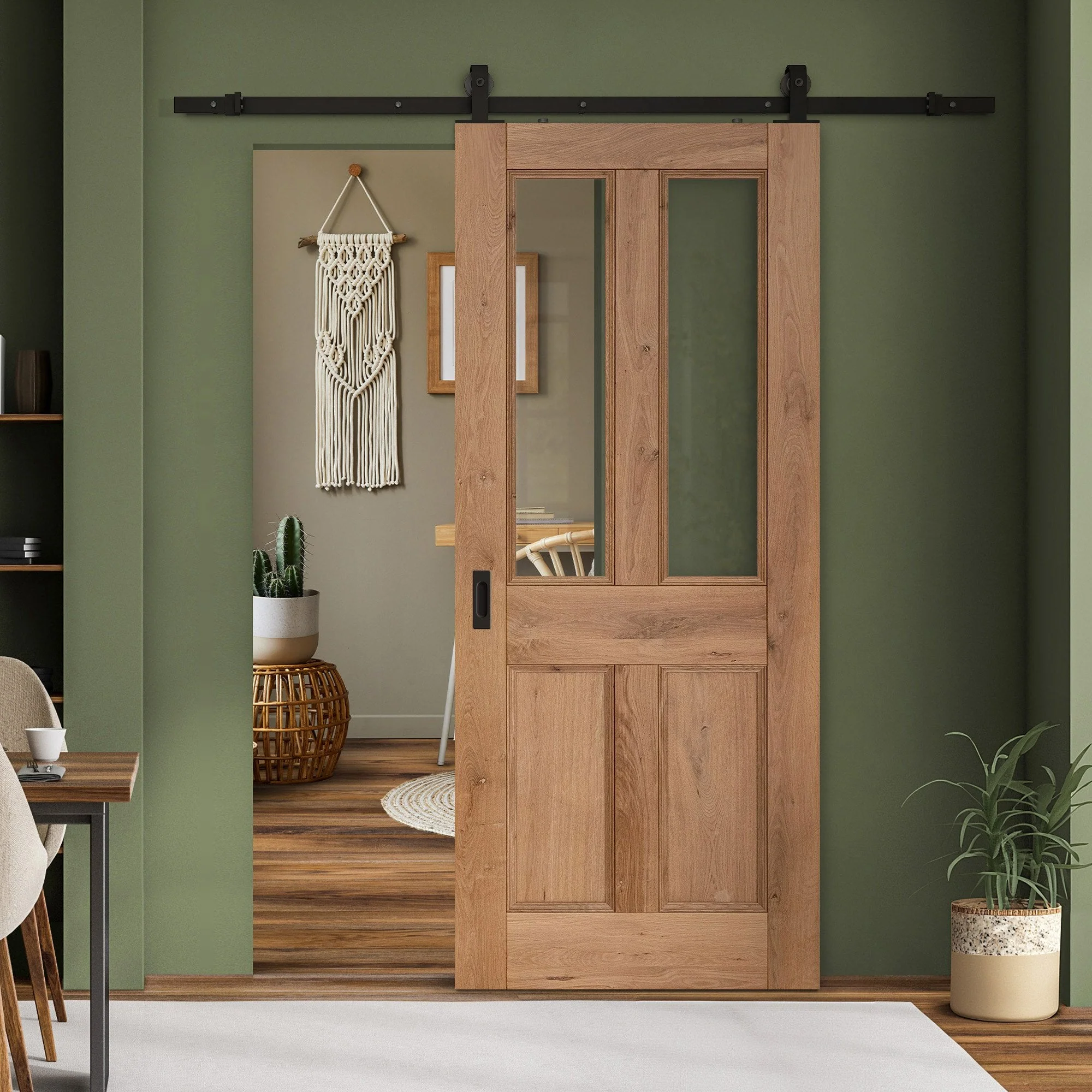 Rustic Oak Fully Finished Internal Malton 2 Panel Clear Glazed Sliding Door - Black Top Mounted