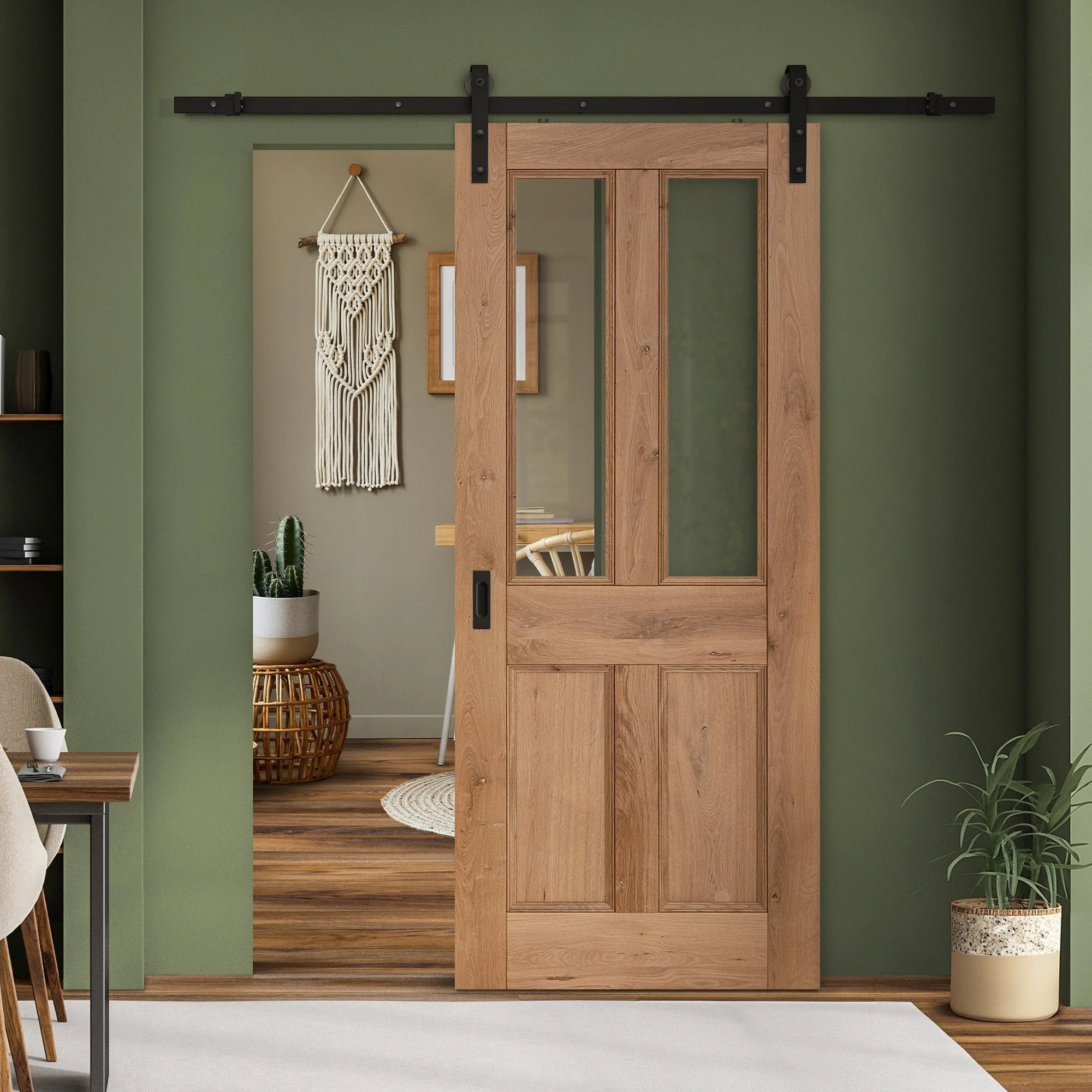Rustic Oak Internal Fully Finished Malton 2 Panel Clear Glazed Sliding Door - Black Face Mounted - Image 2