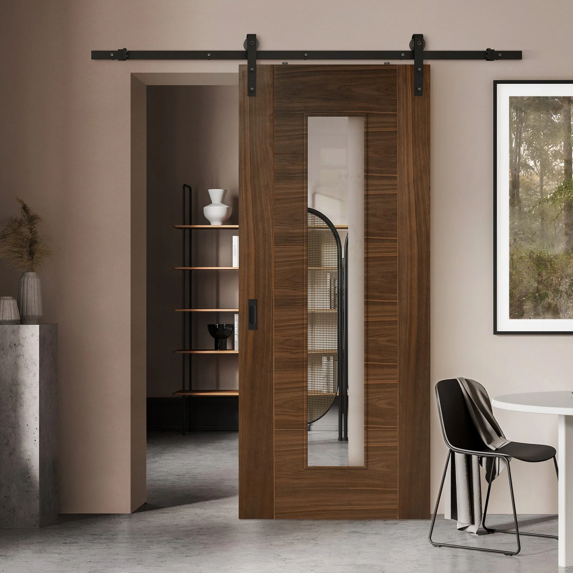 Walnut Internal Fully Finished Milano 1 Light Clear Glass Sliding Door - Black Face Mounted
