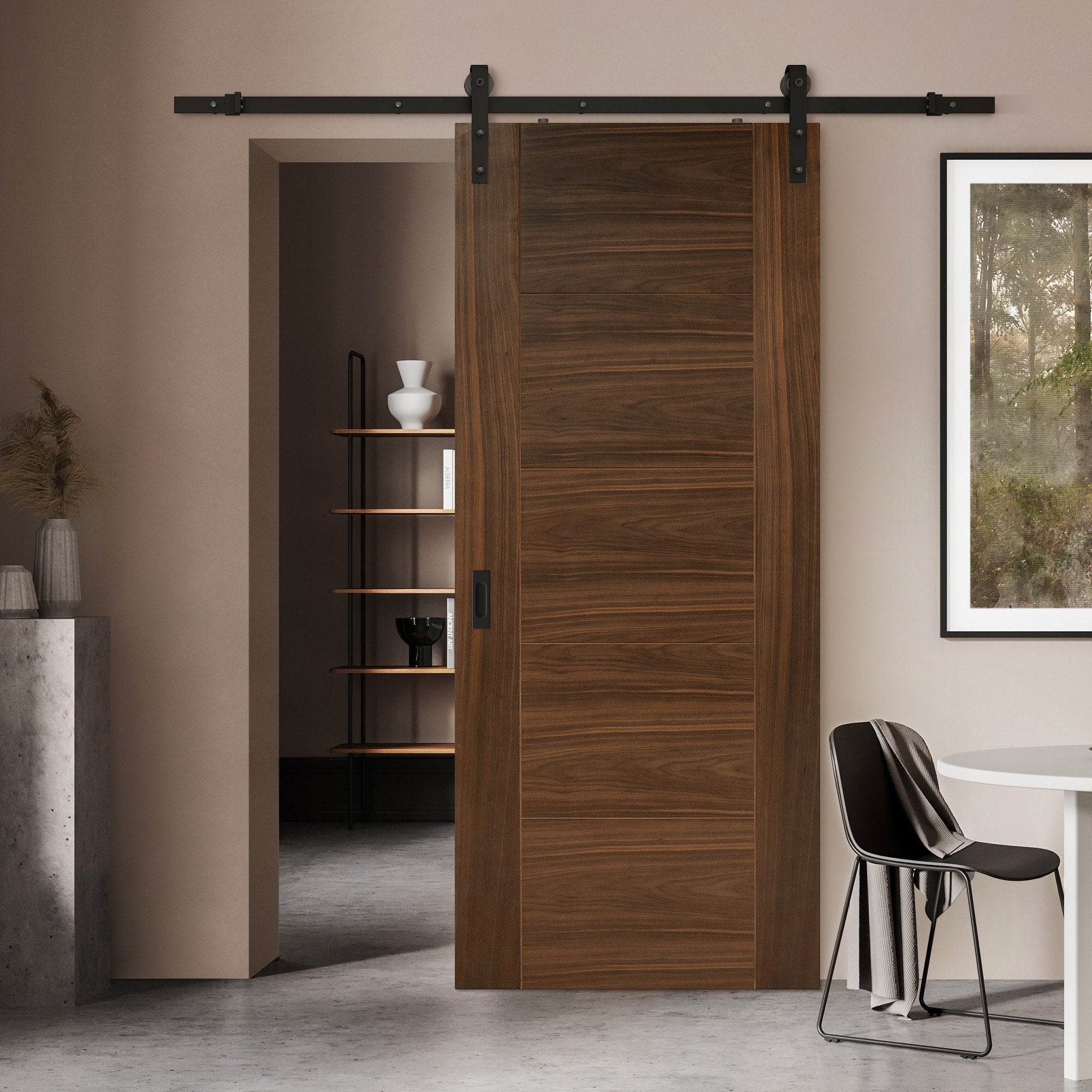 Walnut Internal Fully Finished Milano Sliding Door - Black Face Mounted