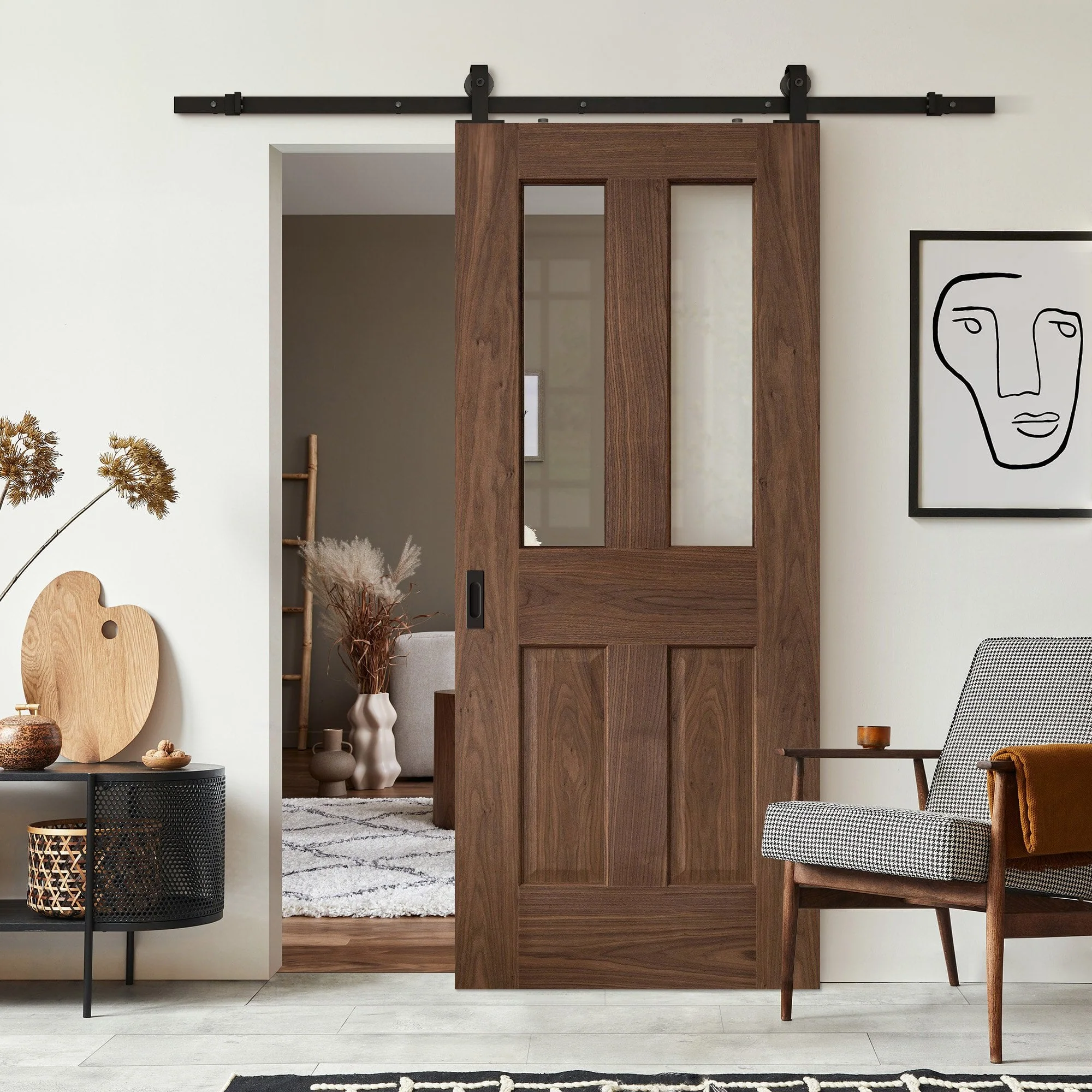 Walnut Internal Fully Finished Victorian 1 Light Sliding Door - Black Top Mounted