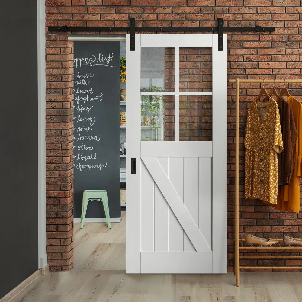 White Internal Primed Barn 4 Light Clear Glass FLB Sliding Door - Black Face Mounted
