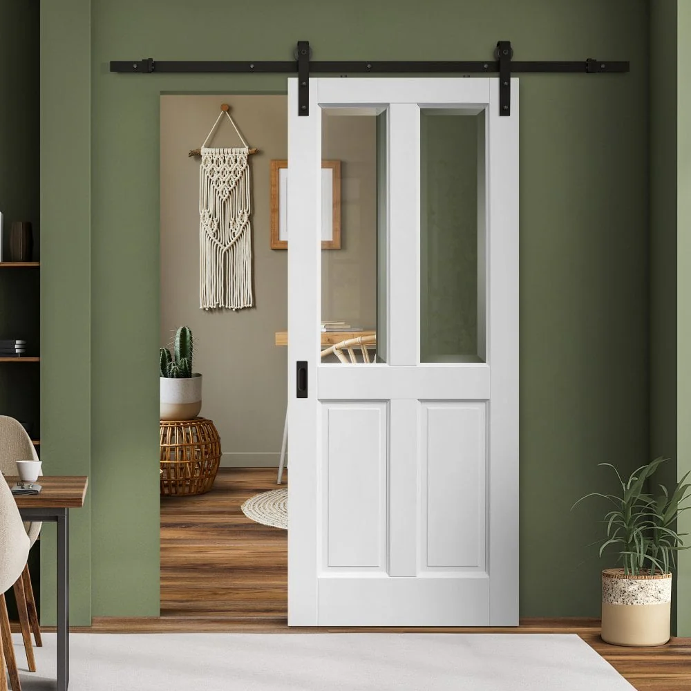 White Internal Primed Berkeley 2 Panel 2 Light with Clear Bevelled Glass Sliding Door - Black Face Mounted