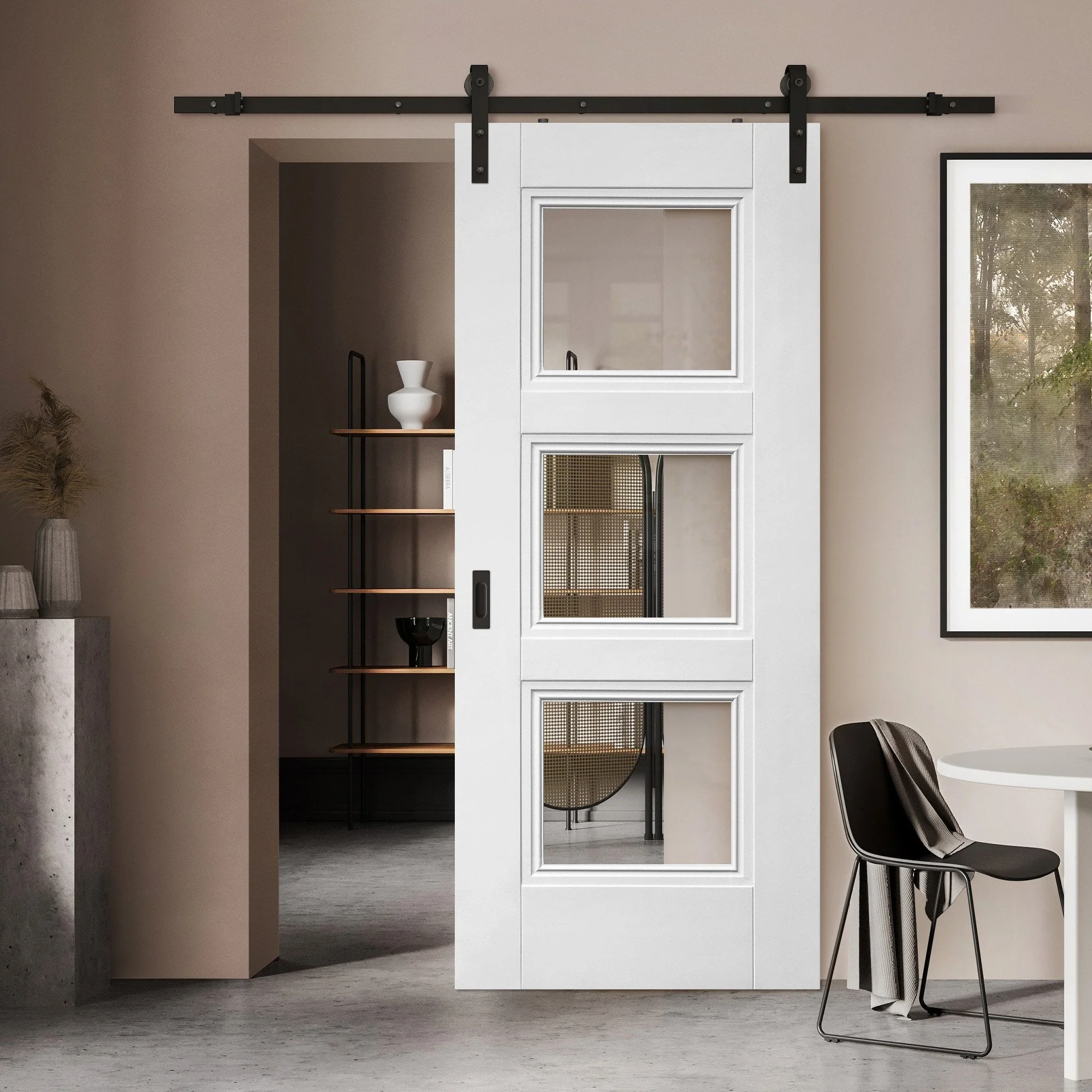 White Internal Primed Elegance Ripley 3 Light Clear Glass Sliding Door - Black Face Mounted