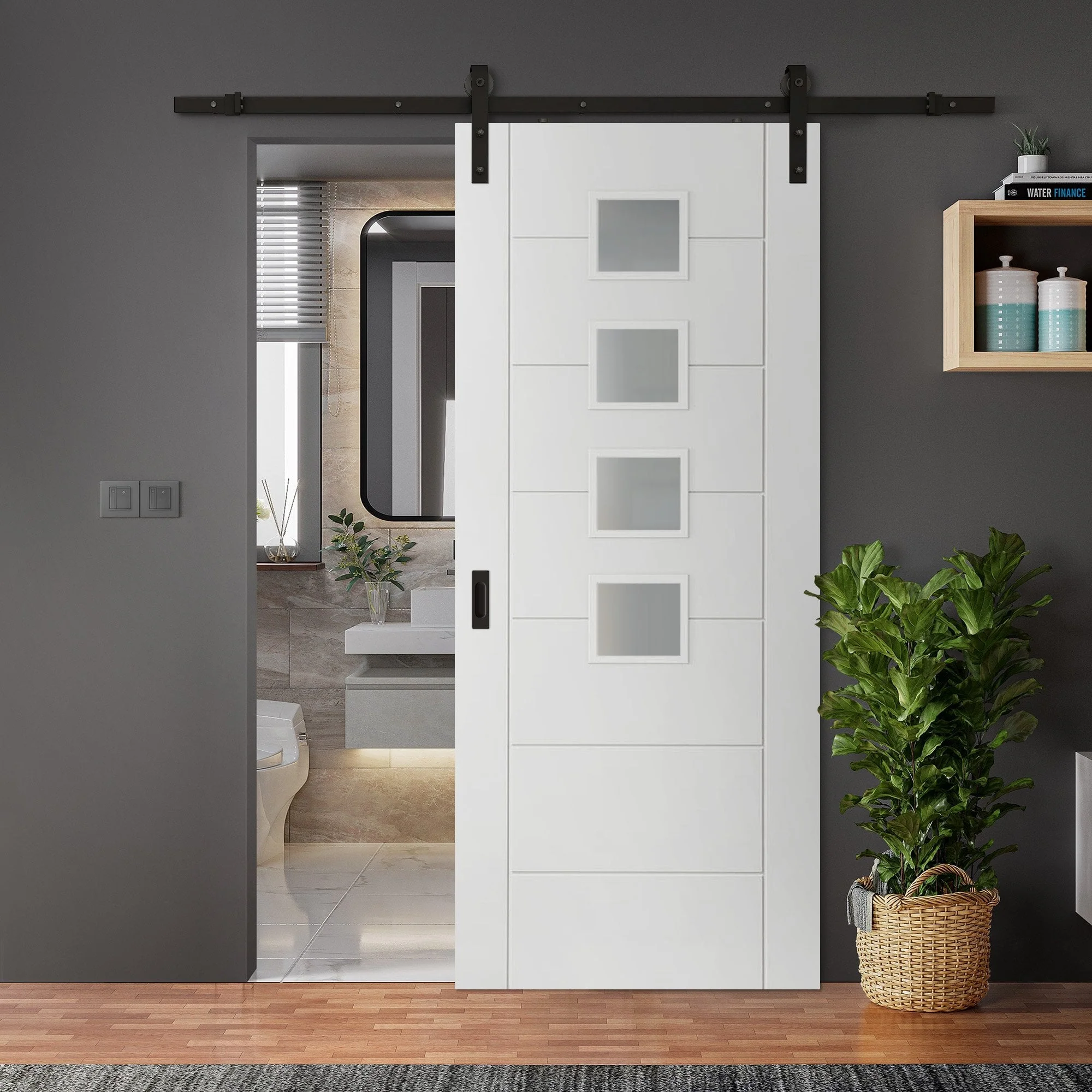 White Internal Primed Pedrena 7 Panel 4 Light Obscure Glass Sliding Door - Black Face Mounted