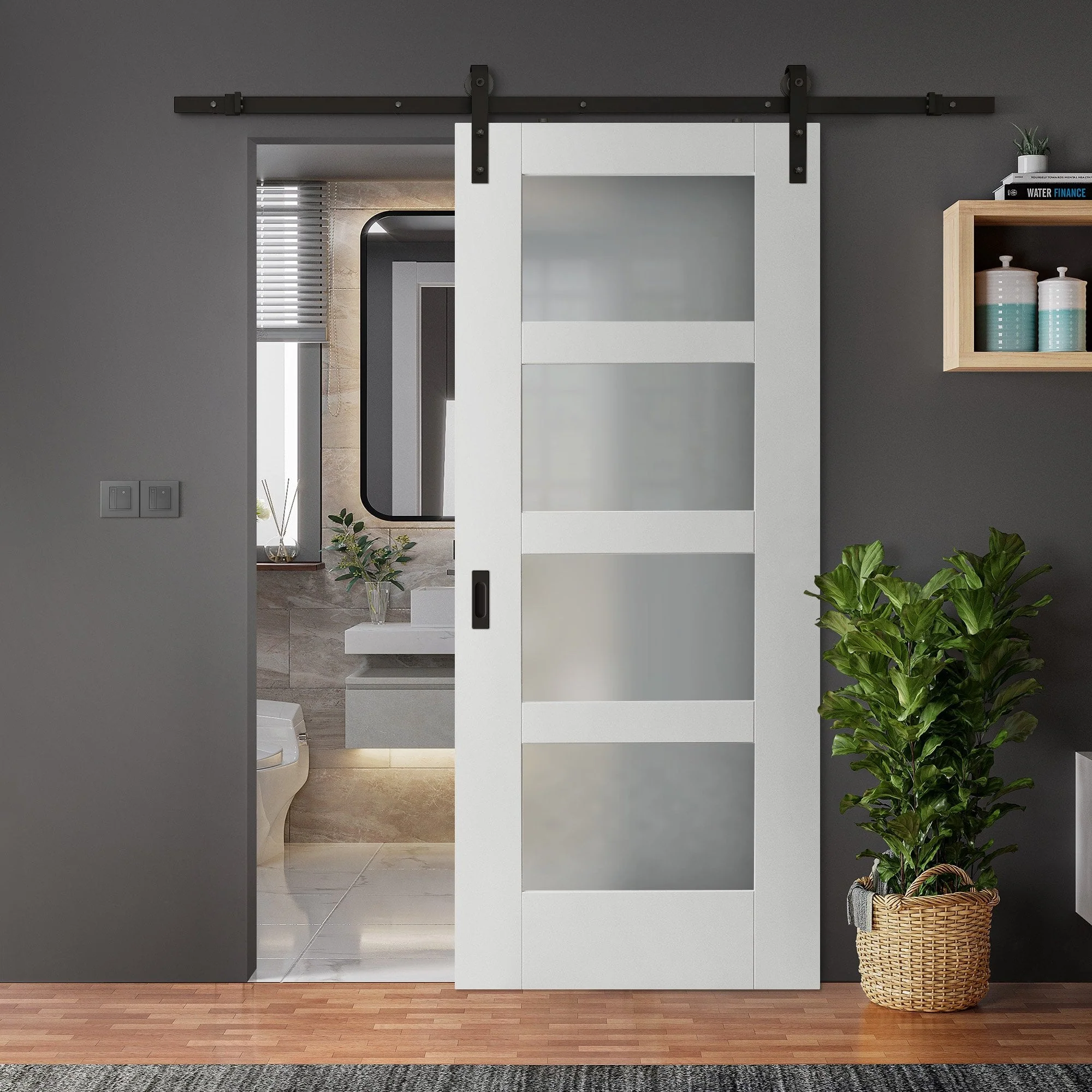 White Internal Primed Shaker 4 Light Obscure Glass Sliding Door - Black Face Mounted