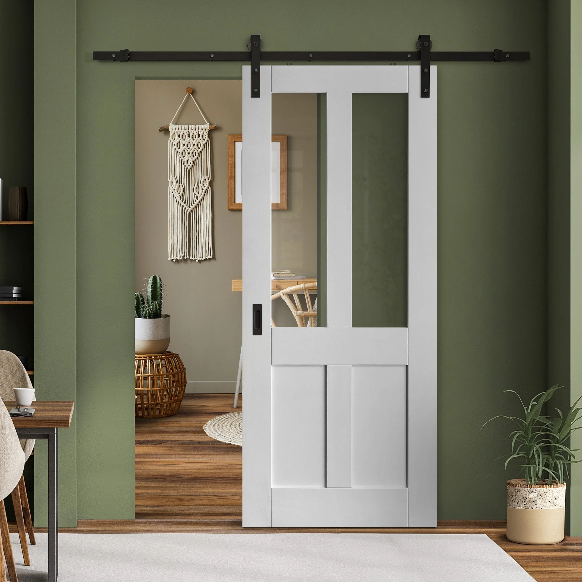 White Internal Primed Victorian 2 Panel 2 Light Clear Glass Sliding Door - Black Face Mounted