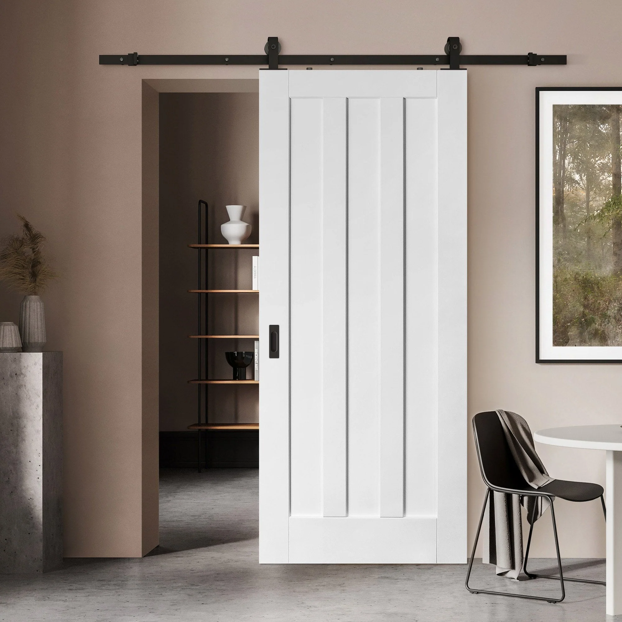 White Primed Internal Ashton 3 Panel Door Sliding Door - Black Top Mounted