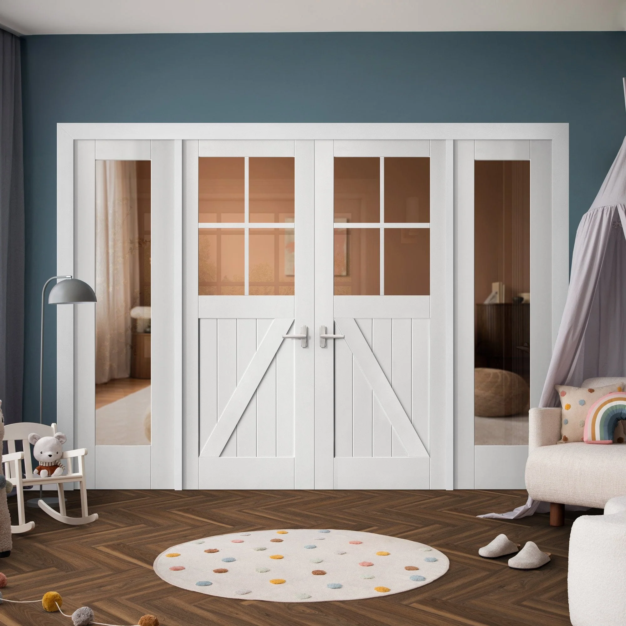White Primed Internal Barn 4L Clear Glass 1 Panel Sidelight Room Divider Set