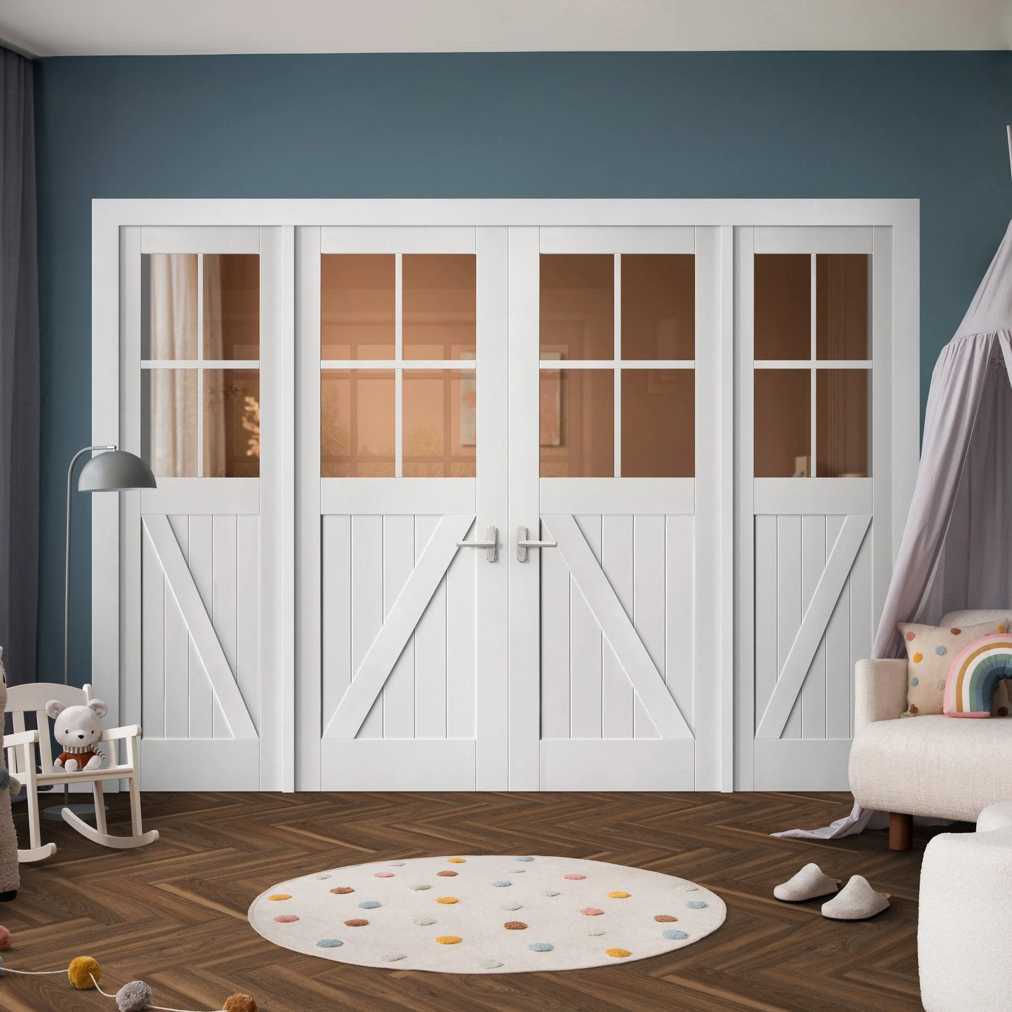 White Primed Internal Barn 4L Clear Glass Sidelight Room Divider Set