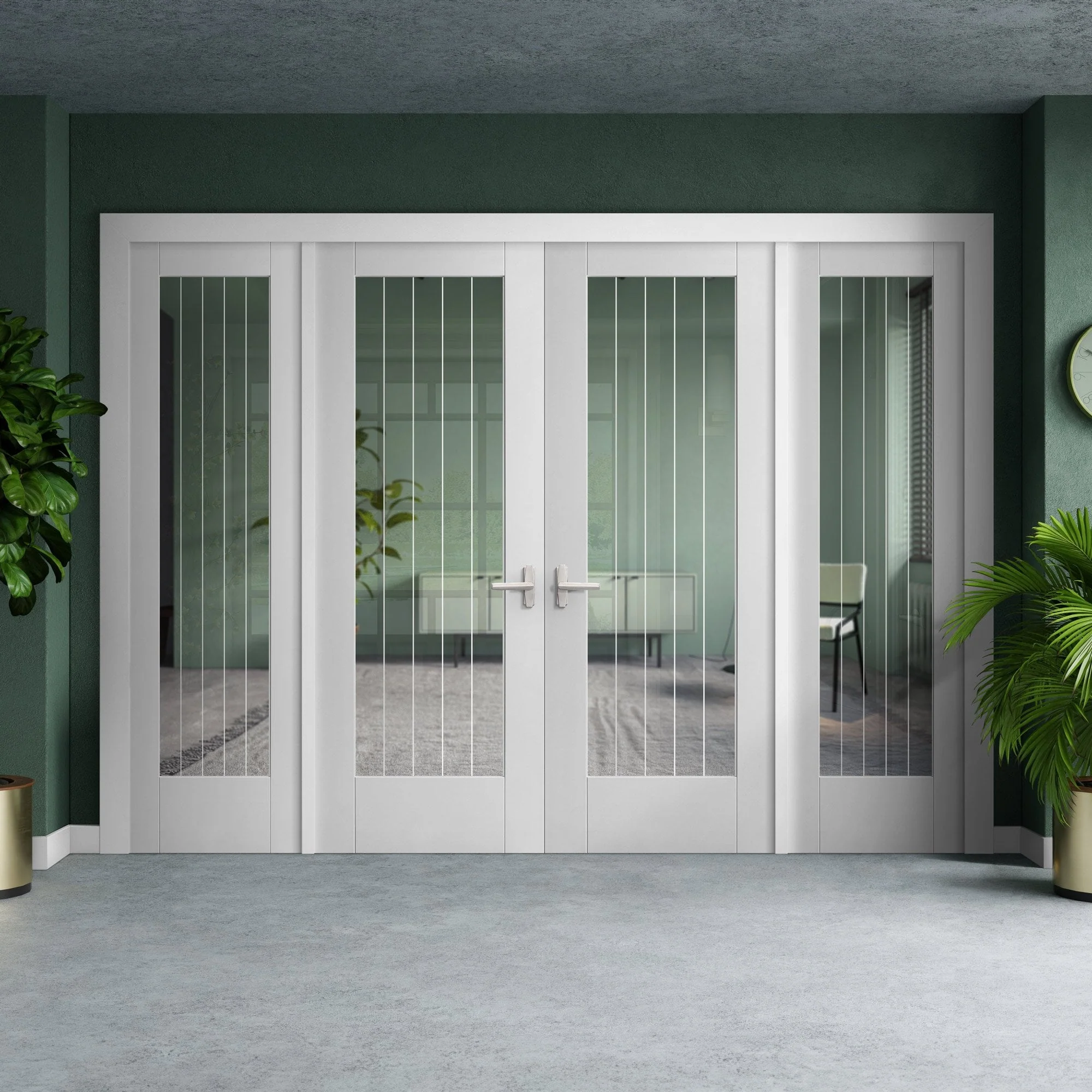 White Primed Internal Cottage 1 Light Clear Glass with Obscure Lines Sidelight Room Divider Set