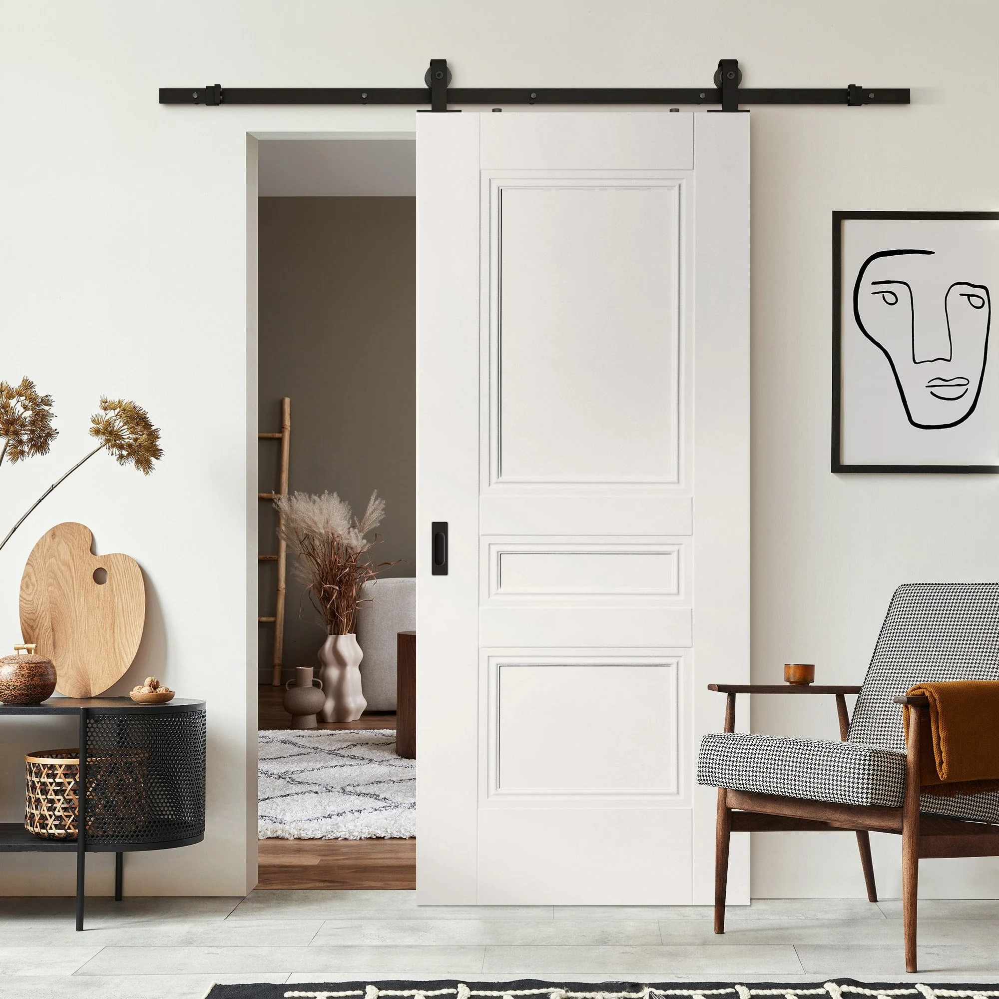 White Primed Internal Elegance Henley Sliding Door - Black Top Mounted