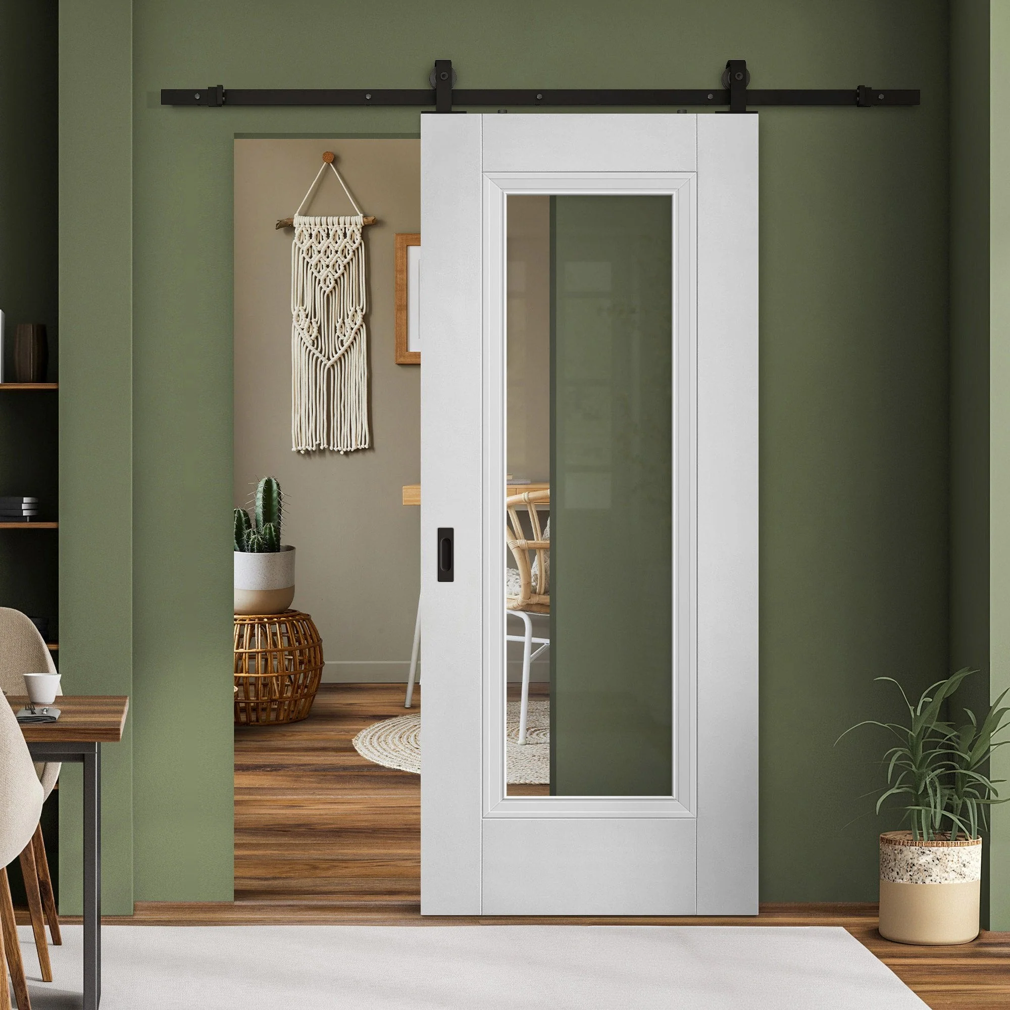 White Primed Internal Elegance Lancaster 1 Light Clear Glass Sliding Door - Black Top Mounted