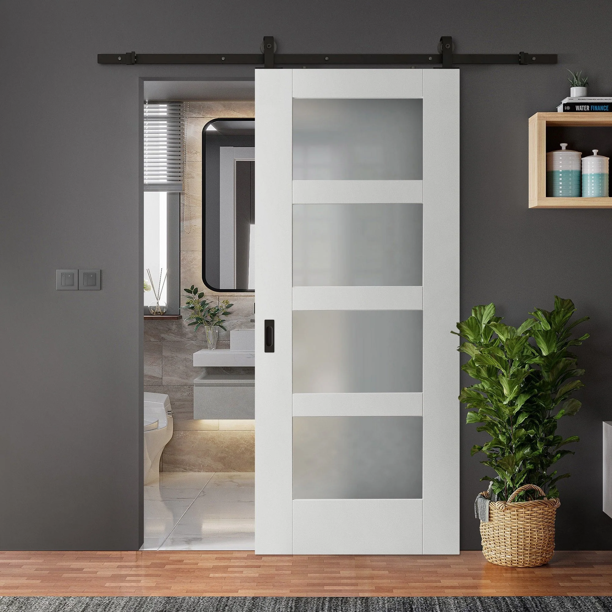 White Primed Internal Shaker 4 Light Obscure Glass Sliding Door - Black Top Mounted