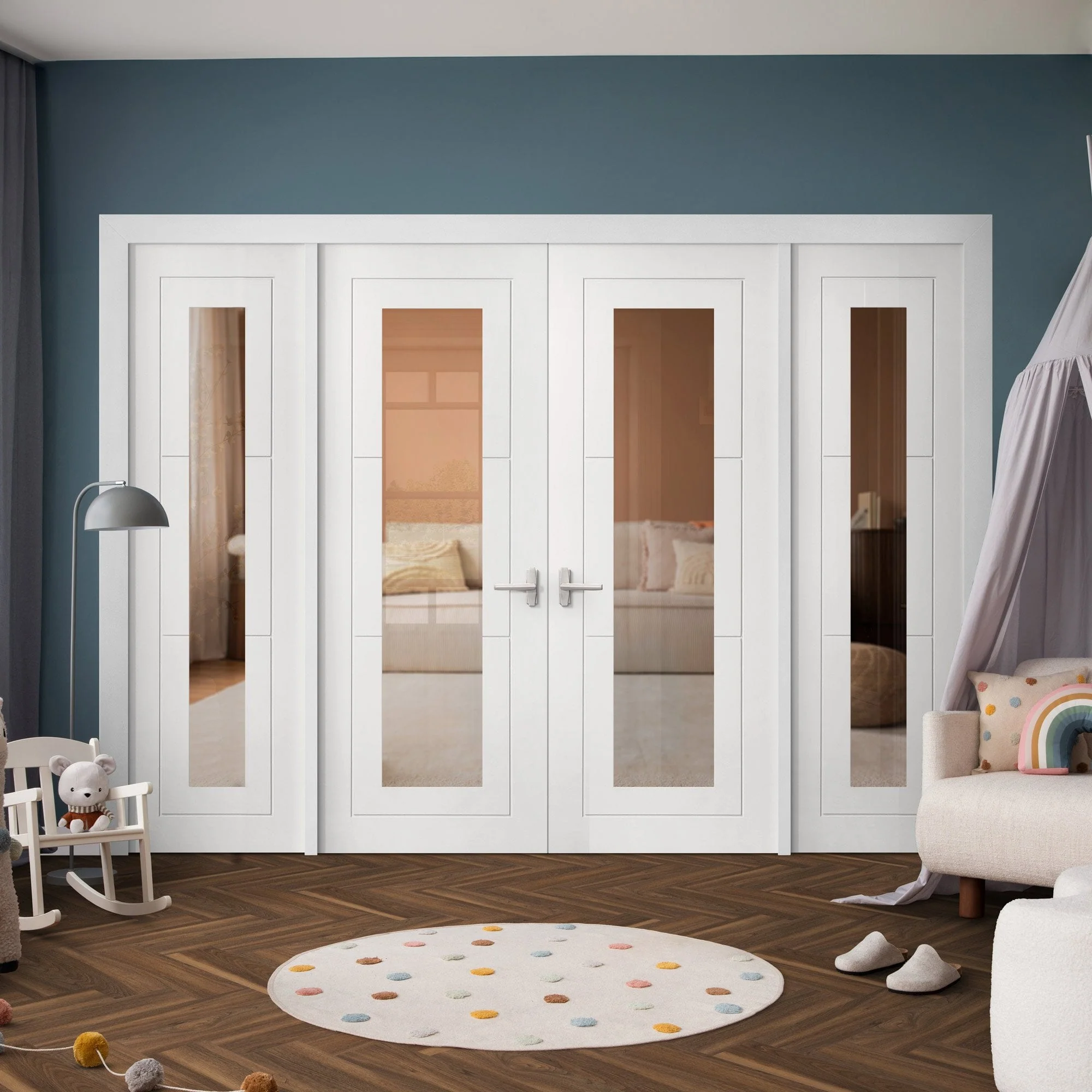 White Primed Internal Temple 1L Clear Glass Sidelight Room Divider Set