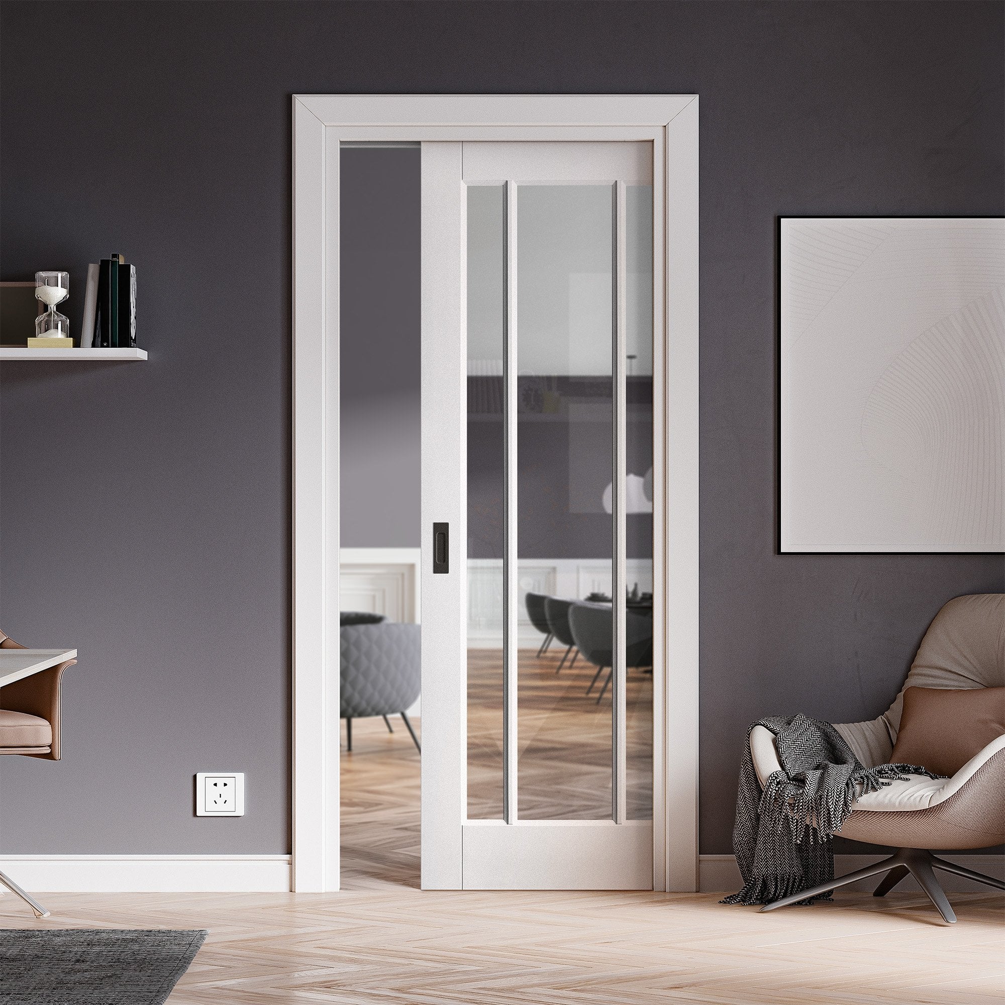 White Primed Internal Toledo 3 Light Clear Glass Framed 100mm Pocket Door Set (123270)