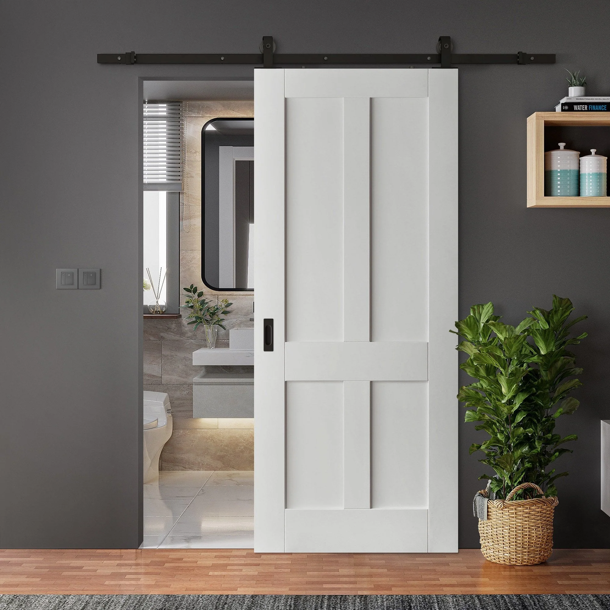 White Primed Internal Victorian Shaker 4 Panel Sliding Door - Black Top Mounted